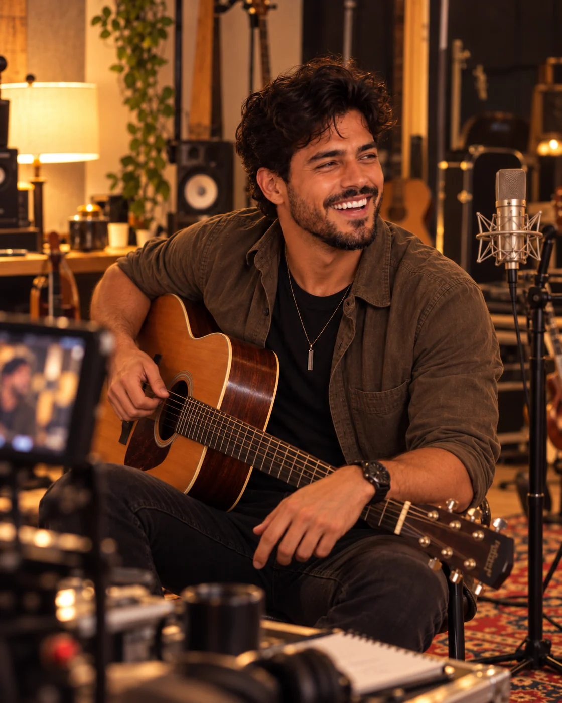 Antônio Carlos sorrindo com um violão no estúdio musical